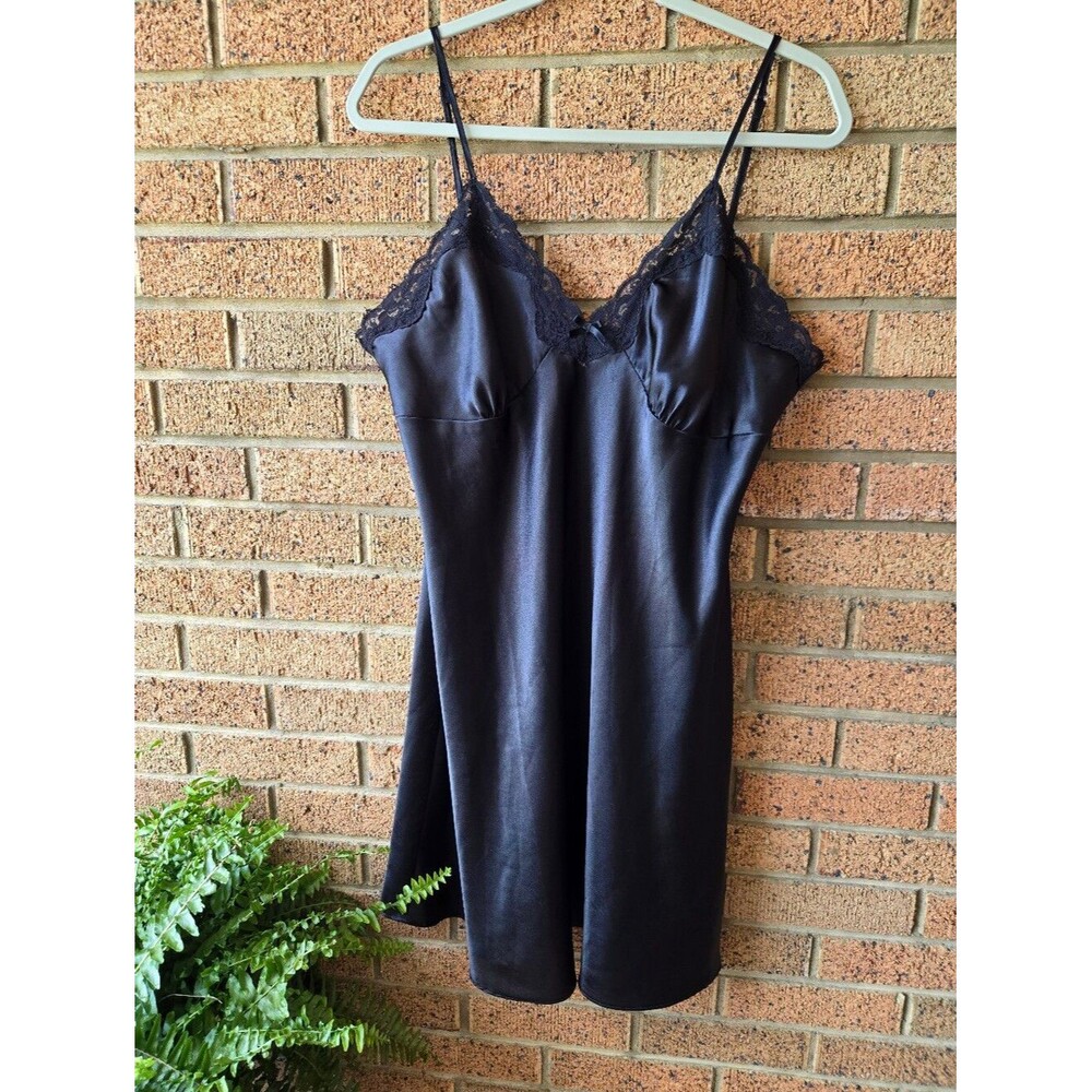 Ambrielle Black Satin Lace Trim Slip Dress Nightgown Sleepwear XL🖤🖤🖤🖤